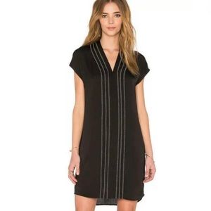 Vince Black Washed Satin Embroidered V-neck Dress